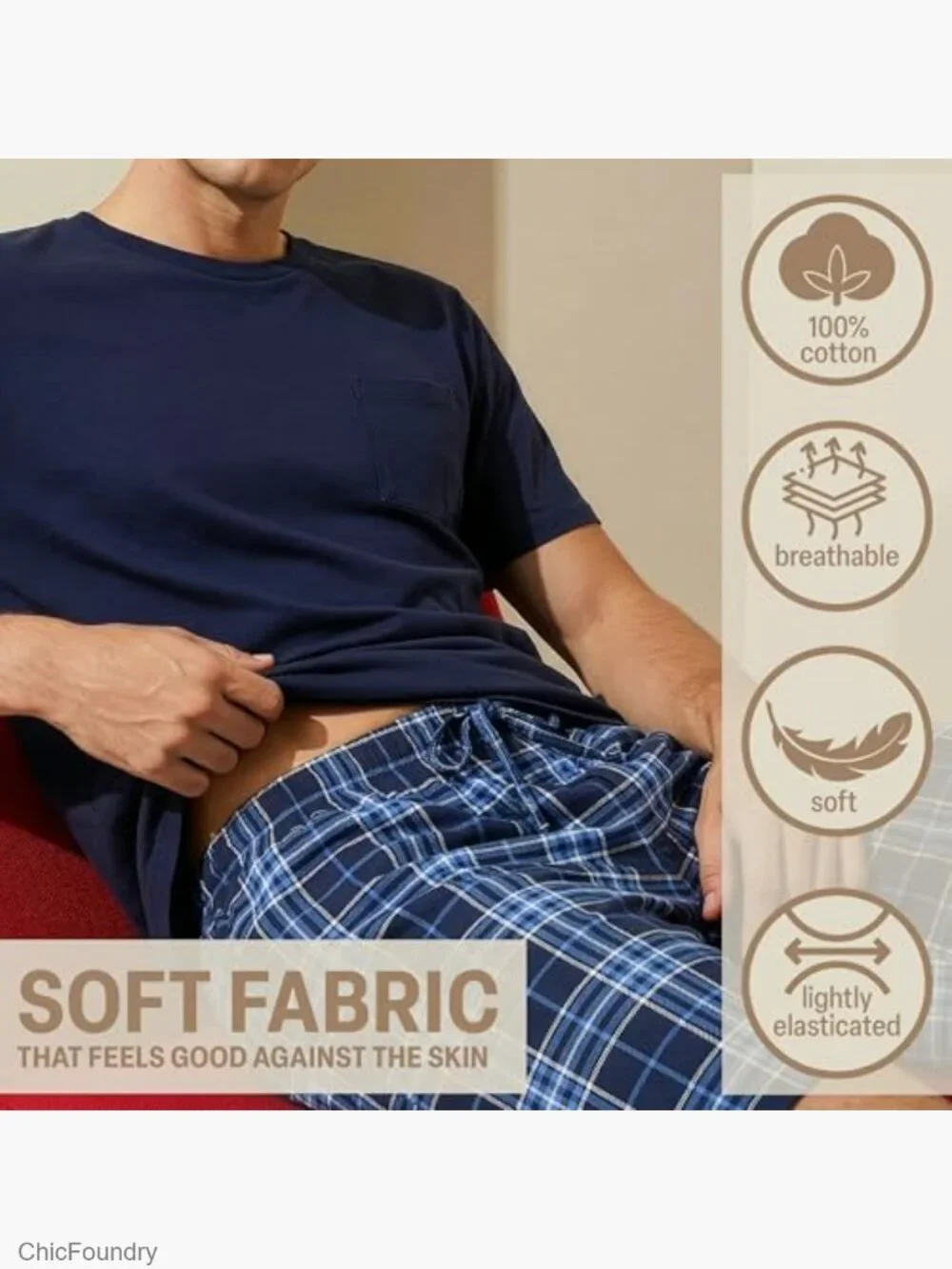 Men's Cotton Pajama Set with Pockets, Soft & Breathable Lounge Set